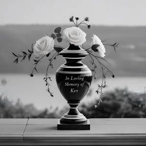 Memorial image with white roses in loving memory of Ken
